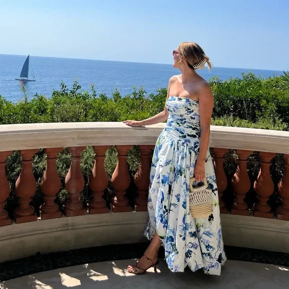 Luolandi Blue Printed A-Line Strapless Long Prom Dress Off Shoulder Evening Dress Formal Dress